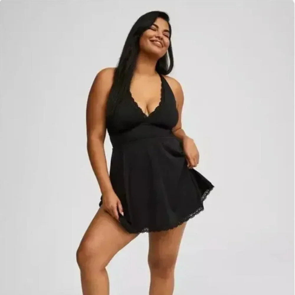 Torrid Mid Lace Trimmed Swim Dress with Brief Deep Black‎ size 4X